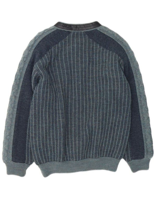 vintage Mens Knit Bomber Jacket IT 48 Moyen Bleu Marine Rayé Acrylique
