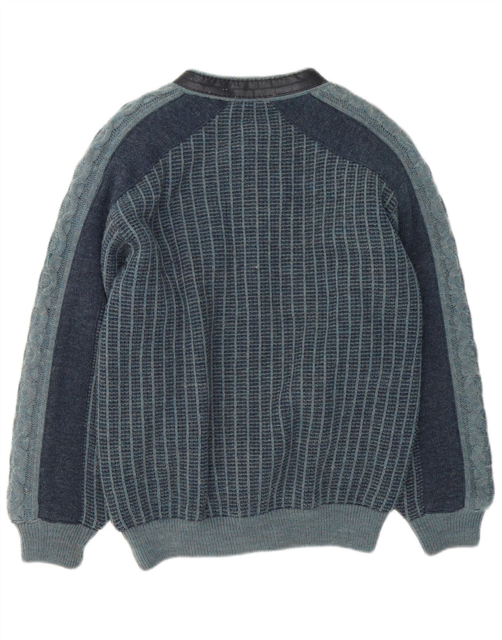 vintage Mens Knit Bomber Jacket IT 48 Moyen Bleu Marine Rayé Acrylique