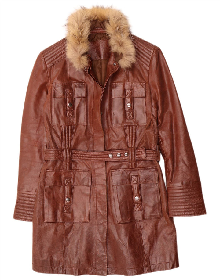 manteau en cuir femme vintage UK 10 Petit Brun