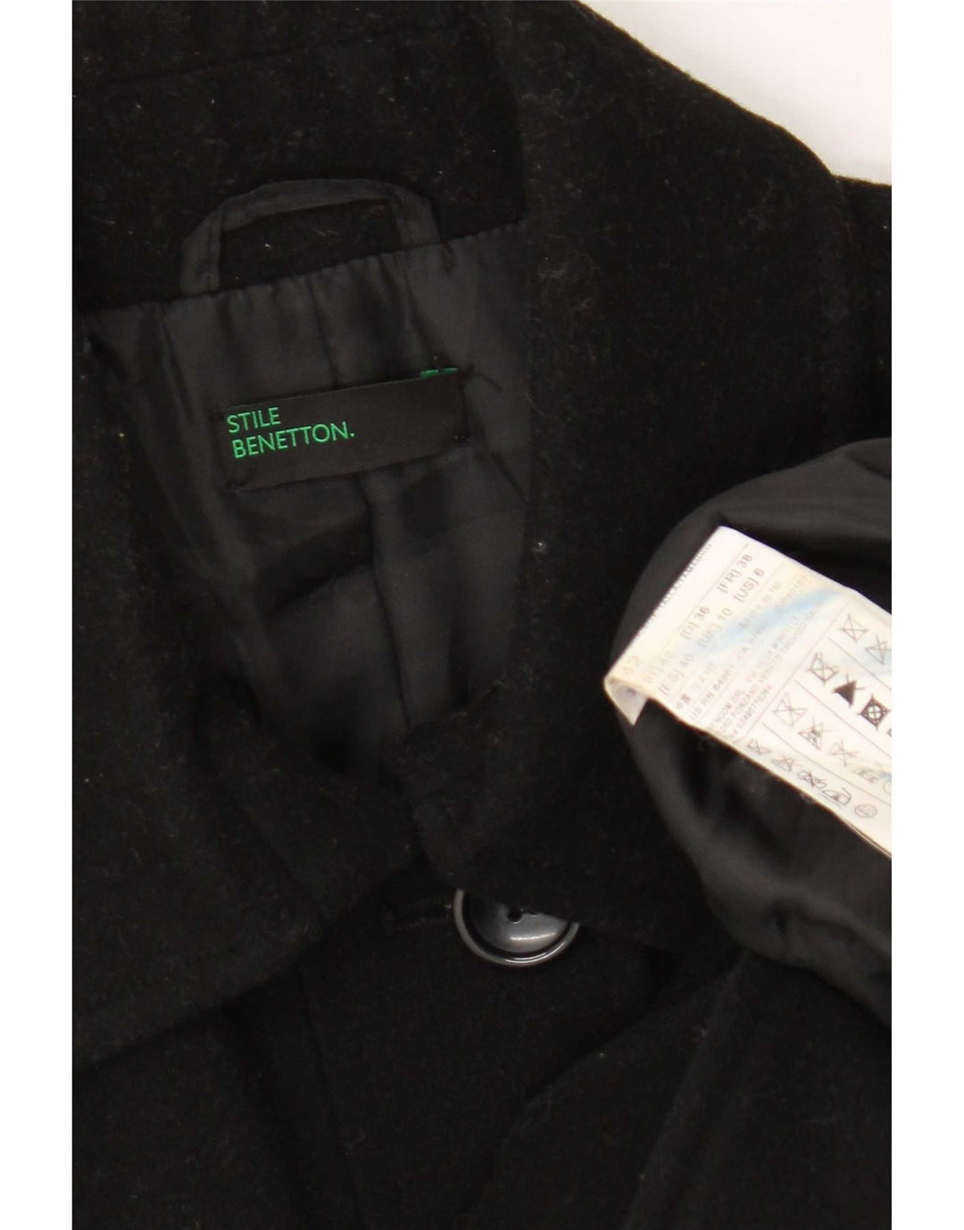 Benetton Pardessus Femme UK 10 Petite Laine Noire