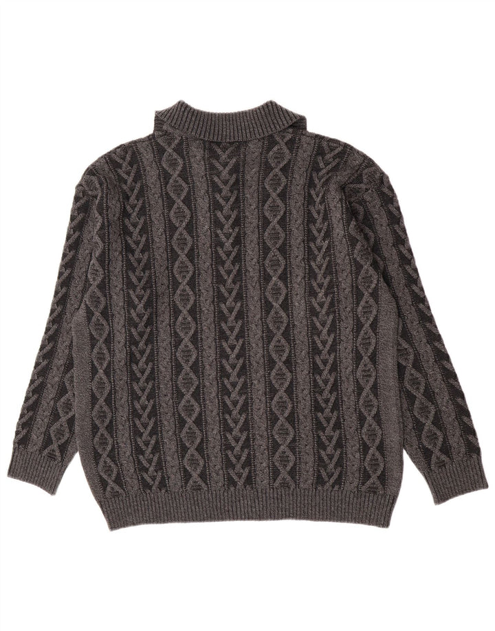 vintage Mens Zip Neck Jumper Sweater IT 52 Grande laine géométrique grise