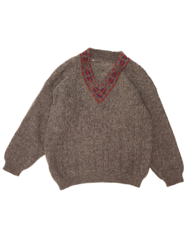 vintage Femmes Surdimensionné Col V Jumper Pull UK 18 XL Gris Rayé