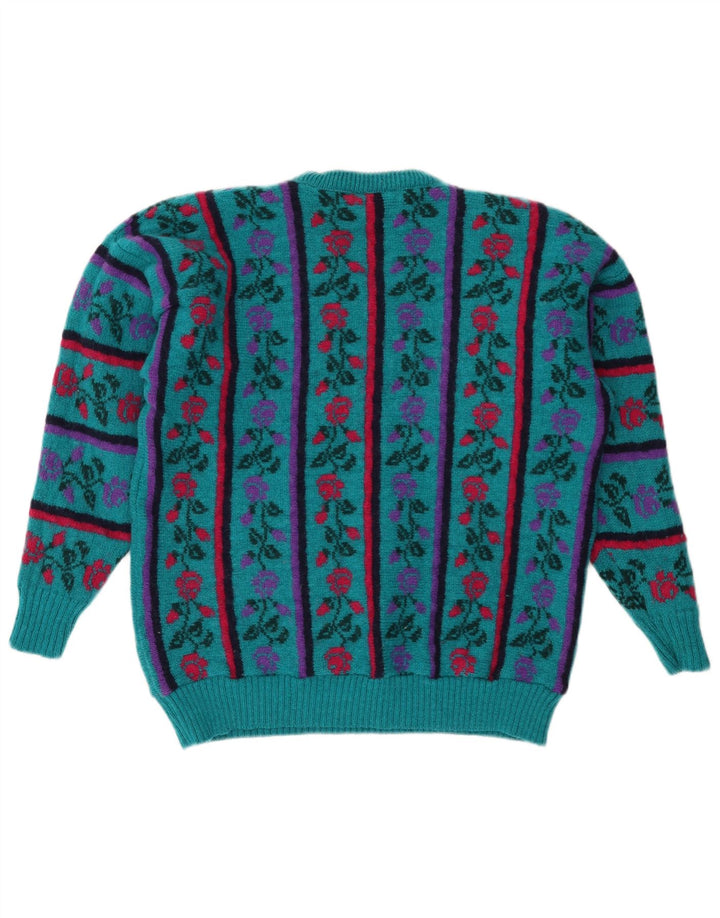 VINTAGE Femme Crew Neck Jumper Pull UK 16 Grande Laine Florale Turquoise