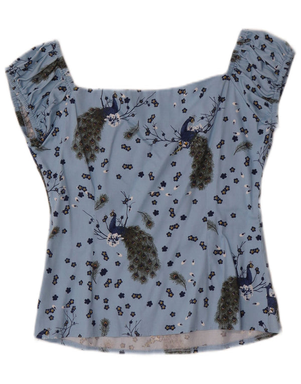 Collectif Womens Crop Blouse Top UK 44 Bleu Moyen Imprimé Animal Coton