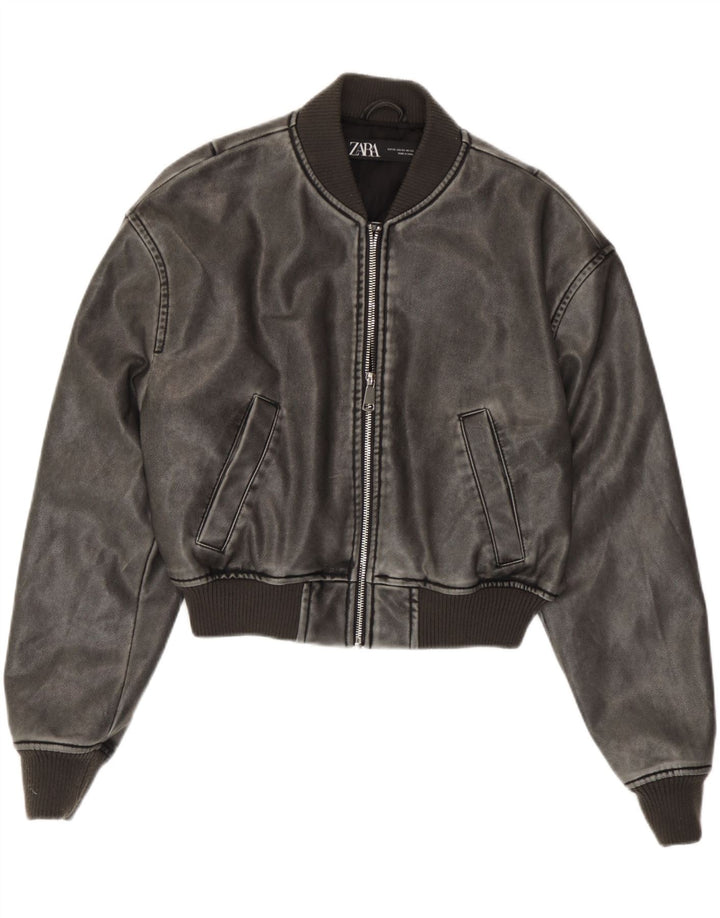 Zara Veste bomber surdimensionnée en simili cuir pour femme UK 6 XS Gris Polyuréthane