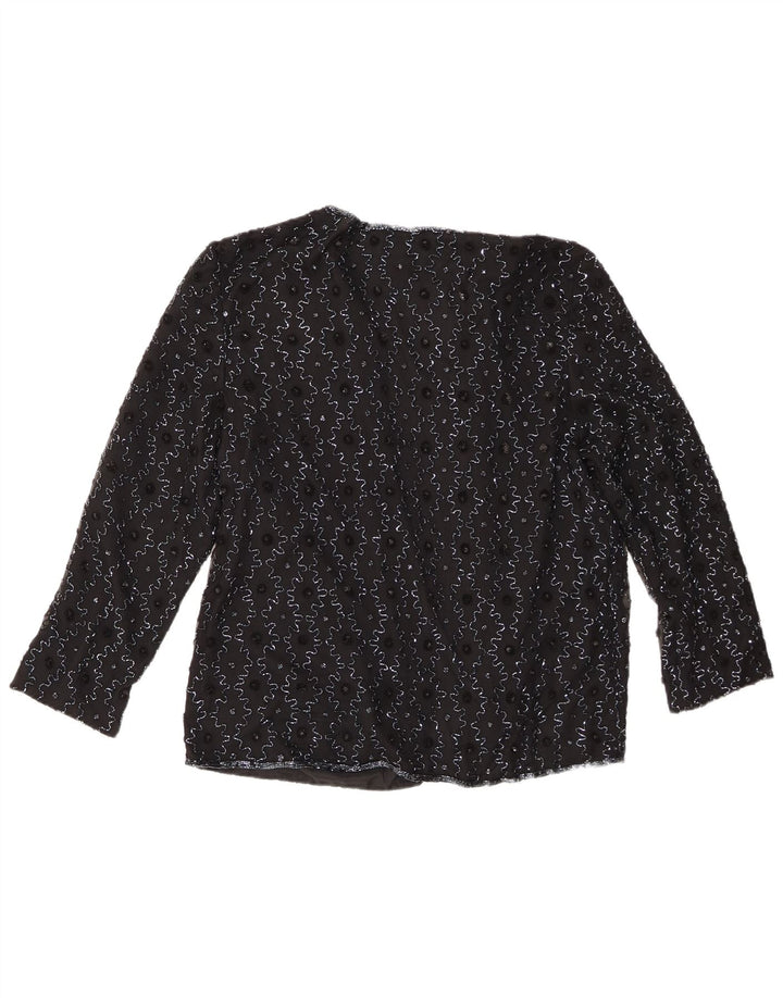 Rare Veste Blazer Ouverte Femme UK 16 Grande Soie Noire