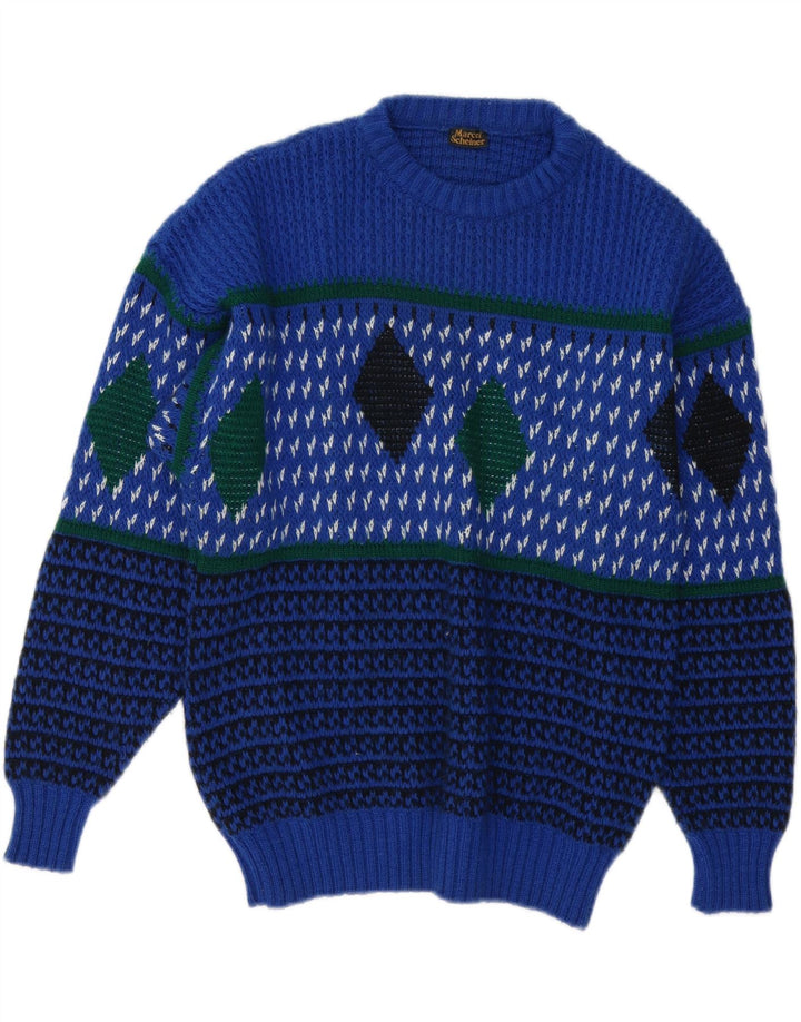 vintage Mens Crew Neck Jumper Pull IT 48 Bleu Moyen Argyle/Diamant