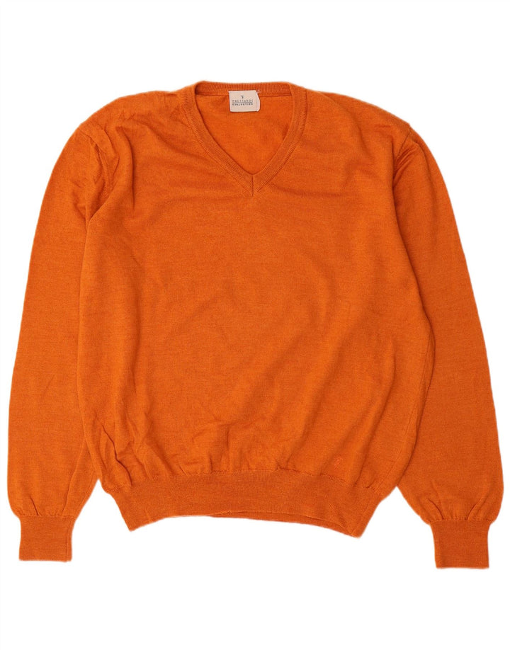 TRUSSARDI Pull col V pour femme UK 20 2XL Orange Laine
