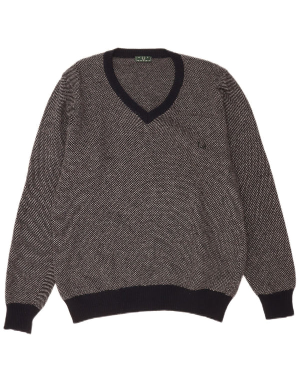 Fred Perry Mens V-Neck Jumper Sweater Large Navy Blue Spotted Wool