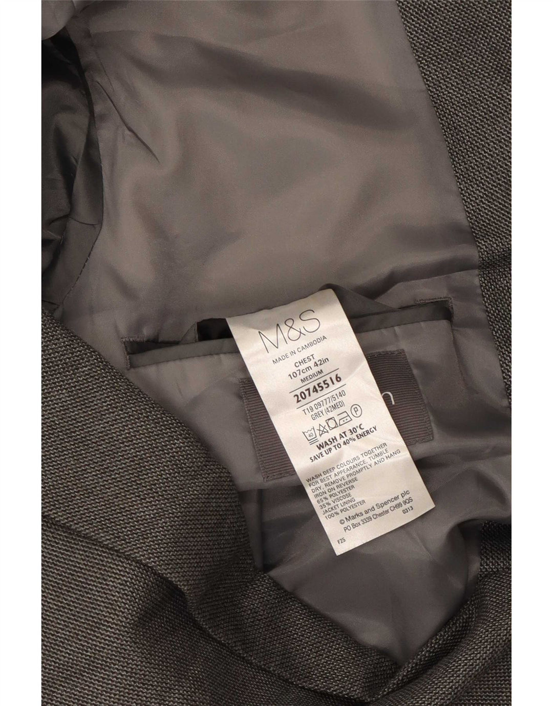 Marks & Spencer Veste blazer à 2 boutons pour homme UK 42 Large Gris Polyester