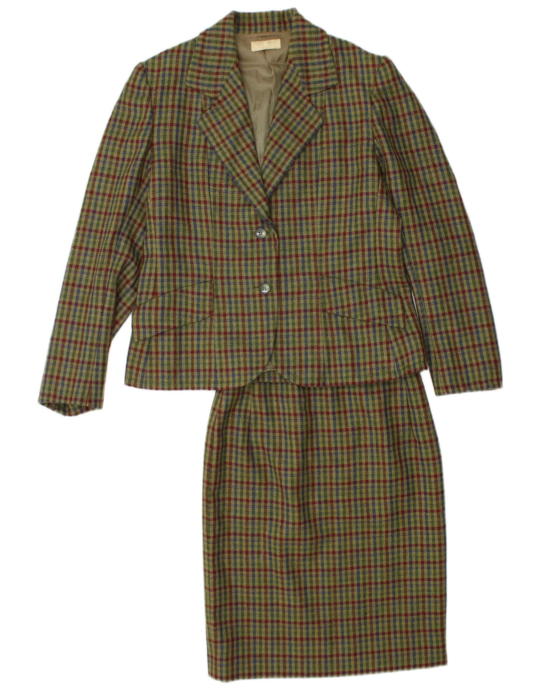 vintage Femmes 2 Bouton 2 Pièces Jupe Ensemble UK 12 Moyen W26 Kaki Check