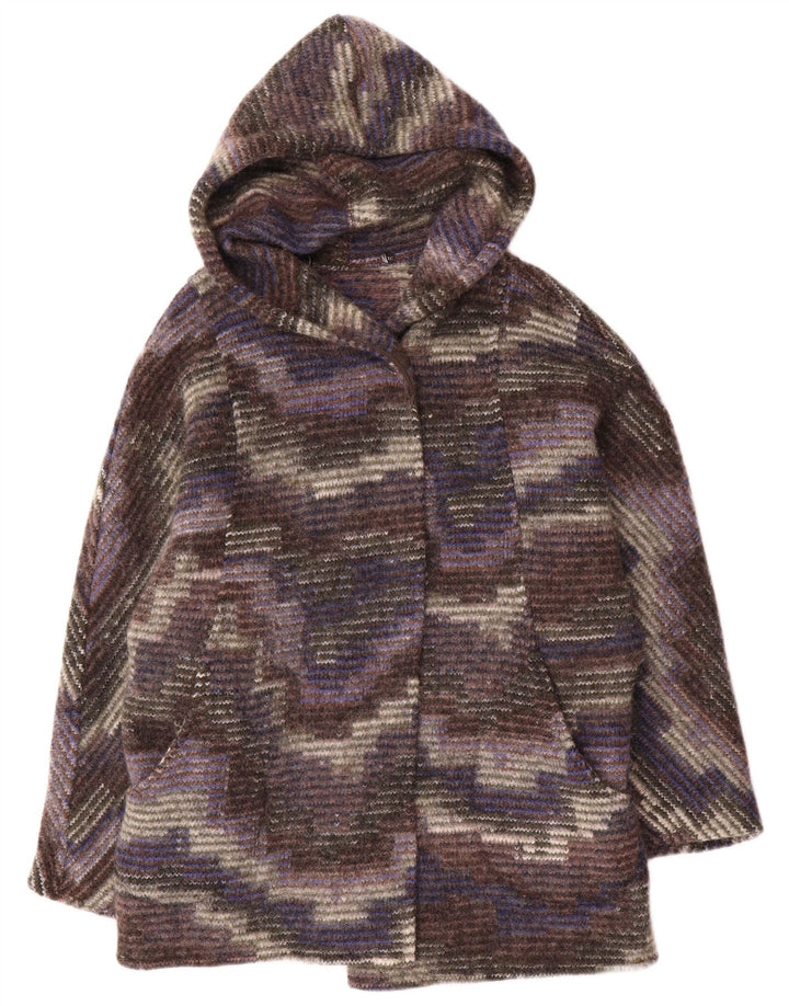 vintage Womens Hooded Open Overcoat UK 12 Camouflage multicolore moyen