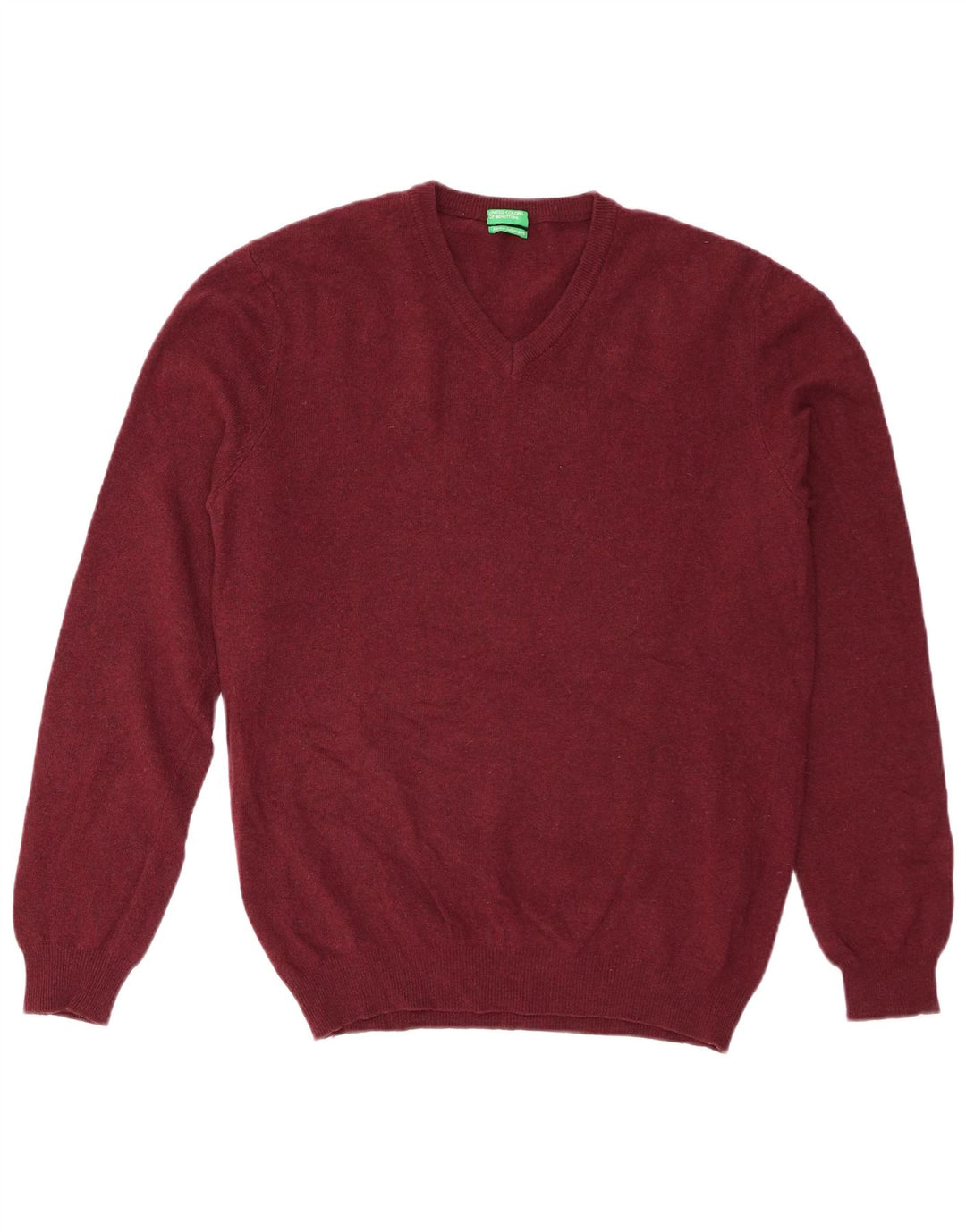 Benetton Pull Col V Homme Laine Vierge Bordeaux Moyen