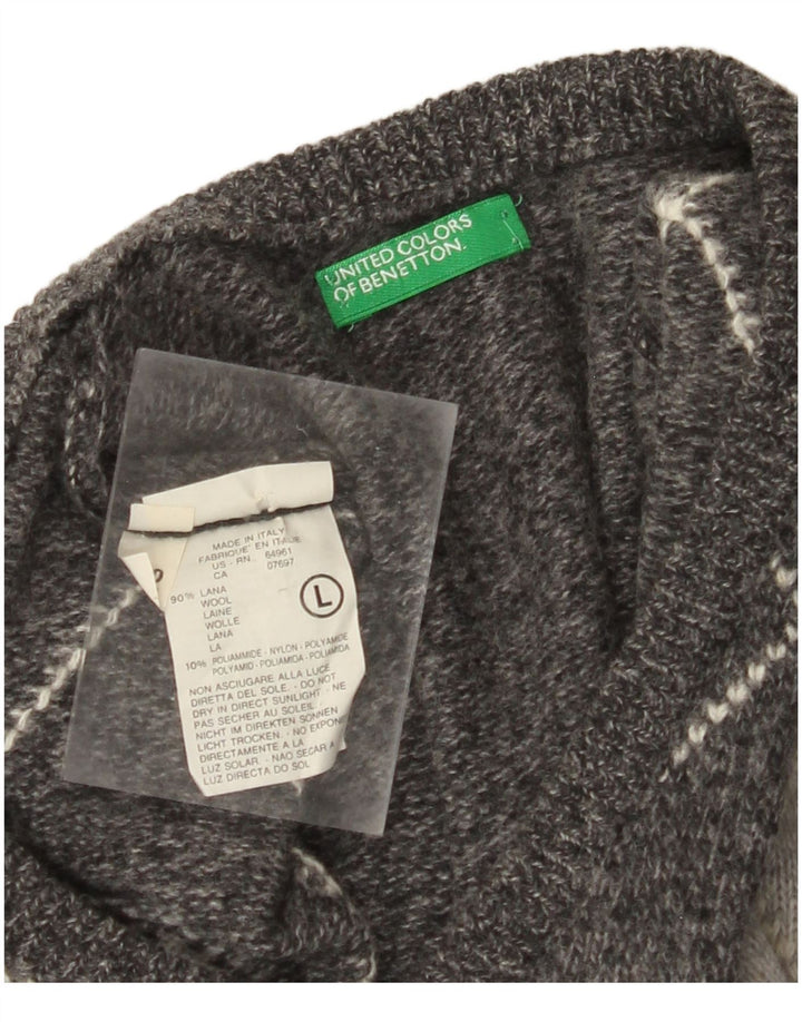 BENETTON Pull col V pour homme en laine gris à losanges/diamants