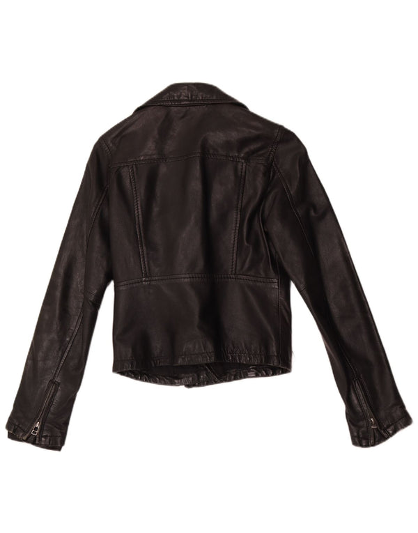 vintage Womens Crop Leather Biker Jacket UK 10 Petit cuir noir