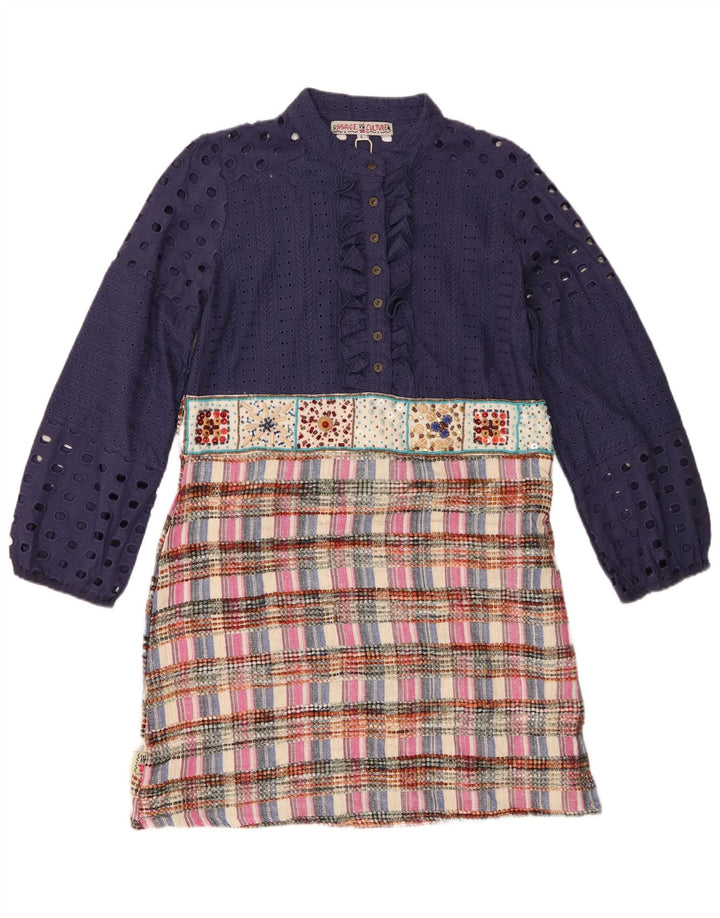 vintage Womens Ruffle Front Shift Dress UK 14 Grand Patchwork Bleu Marine