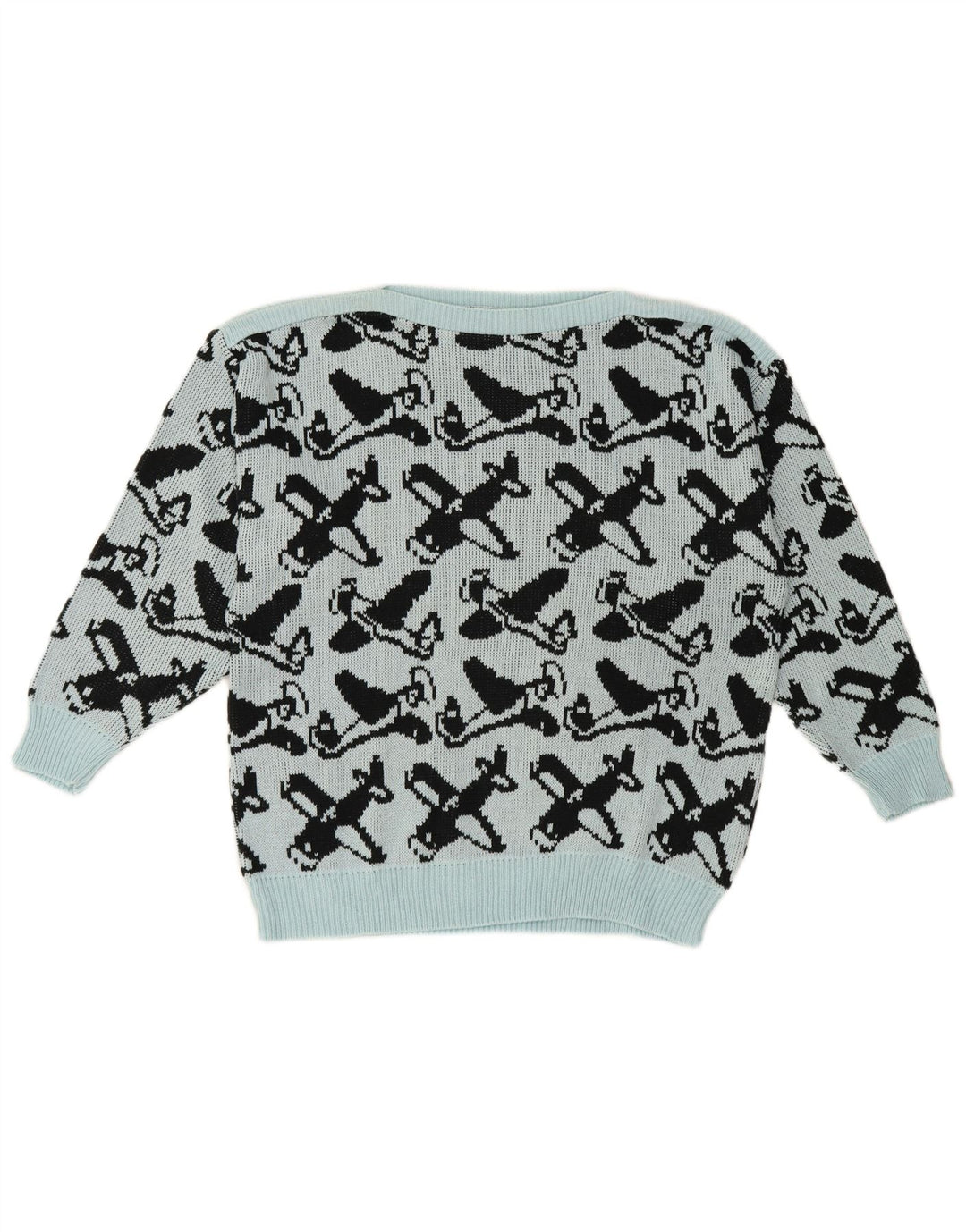 vintage Femmes Motif Abstrait Bateau Cou Jumper Pull EU 40 Bleu Moyen
