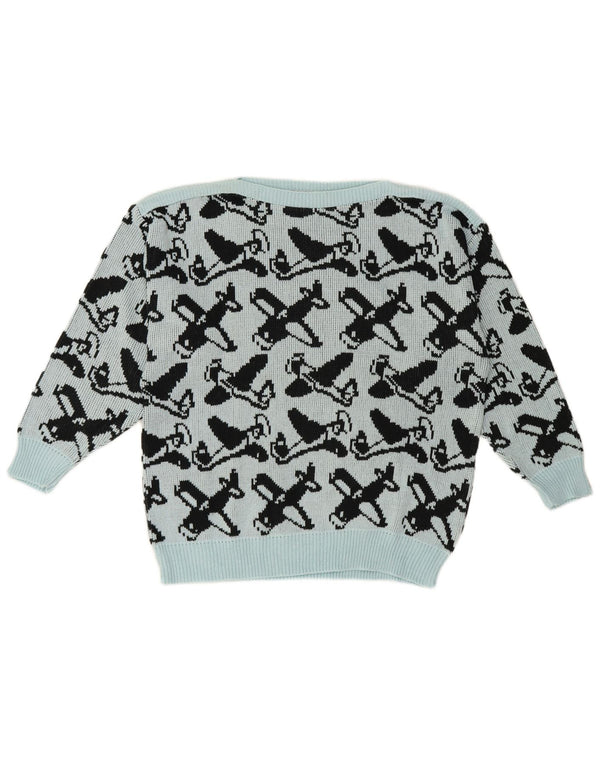 vintage Femmes Motif Abstrait Bateau Cou Jumper Pull EU 40 Bleu Moyen