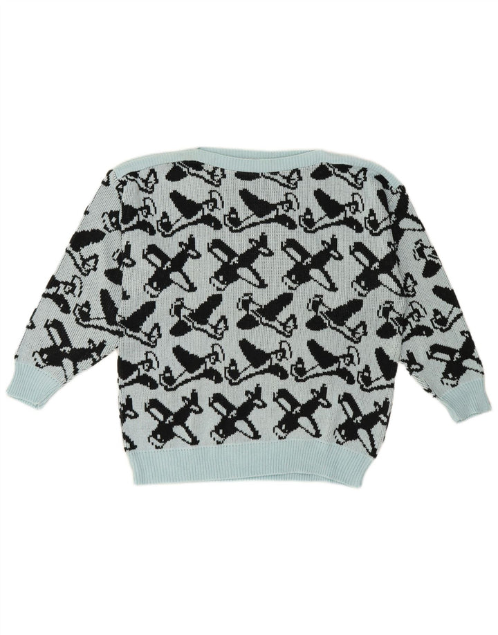 vintage Femmes Motif Abstrait Bateau Cou Jumper Pull EU 40 Bleu Moyen