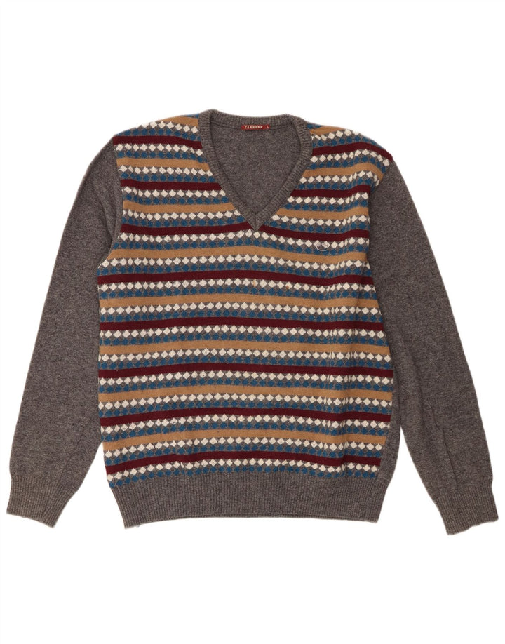 Carrera Homme Col V Pull Pull Large Gris Rayé Laine