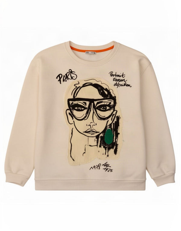 Zara Sweat-shirt surdimensionné graphique pour femme UK 10 Petit polyester blanc