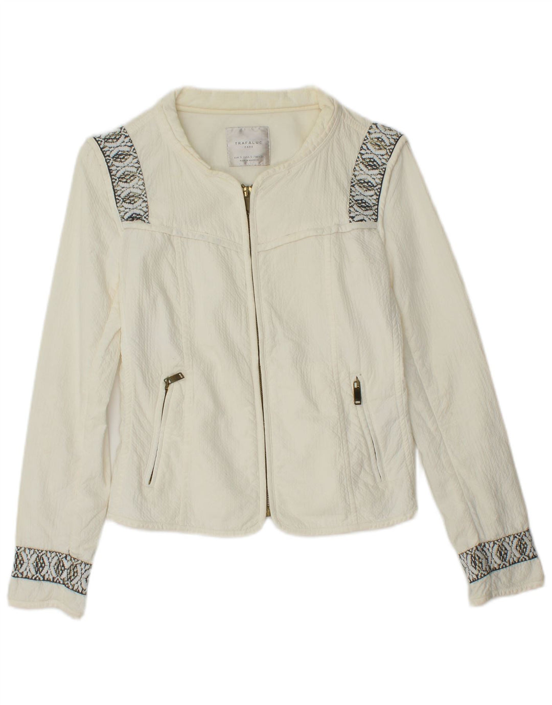 ZARA Womens Crop Oversize Bomber Jacket UK 10 Petit Blanc Cassé Géométrique