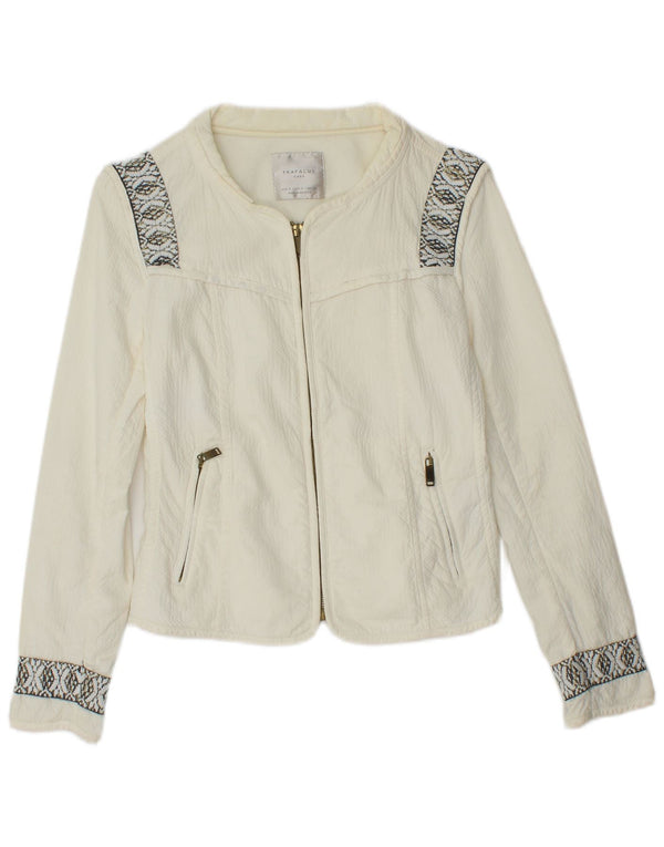 ZARA Womens Crop Oversize Bomber Jacket UK 10 Petit Blanc Cassé Géométrique