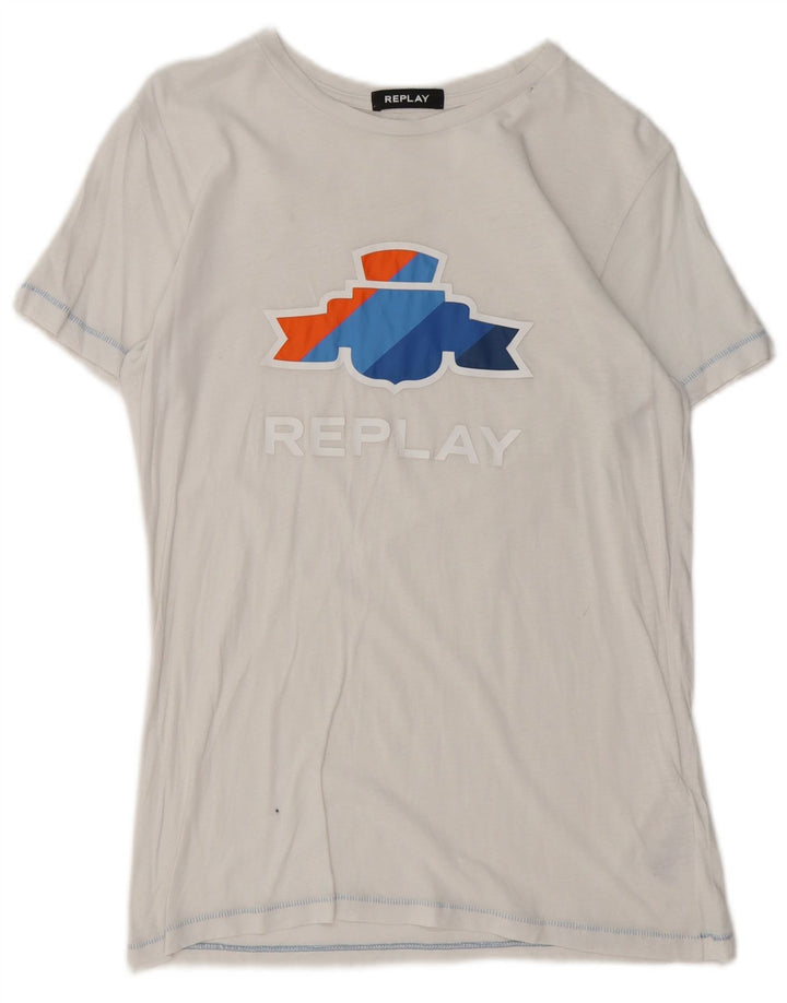 REPLAY T-Shirt Graphique Femme UK 12 Coton Blanc Moyen