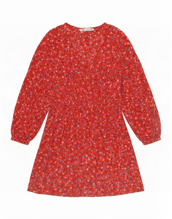 Zara Robe à volants à manches 3/4 pour femme UK 10 Petit polyester floral rouge