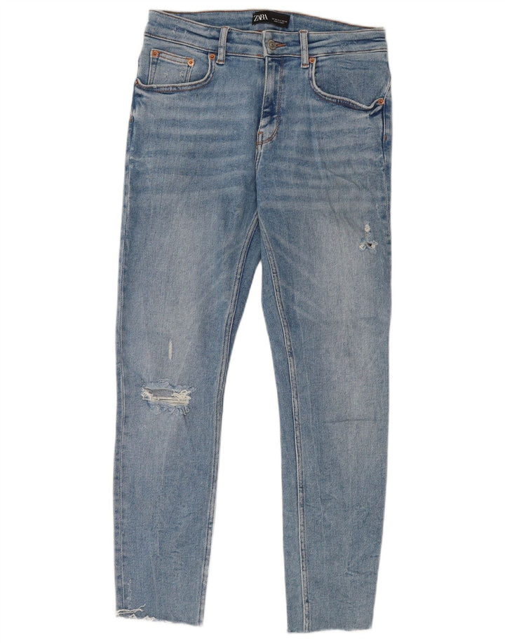 ZARA Femmes Crop Distressed Skinny Jeans EU 40 Moyen W30 L26 Bleu Coton