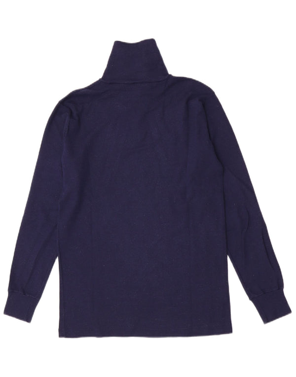 vintage Mens Zip Neck Top Manches Longues Petite Laine Bleu Marine