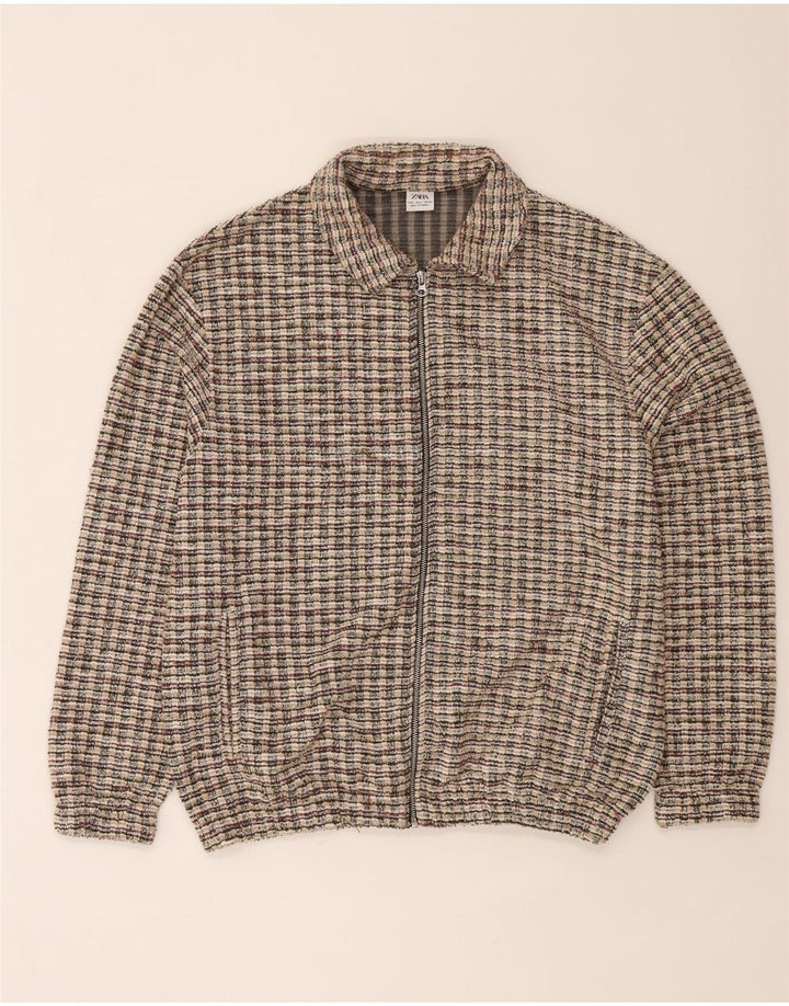 Zara Cardigan Homme Pull Large Beige Plaid Polyester