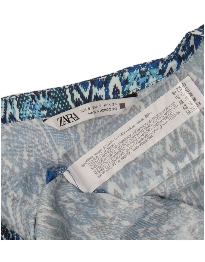 ZARA Robe trapèze à manches longues pour femme UK 10 Petit Bleu Ikat Viscose