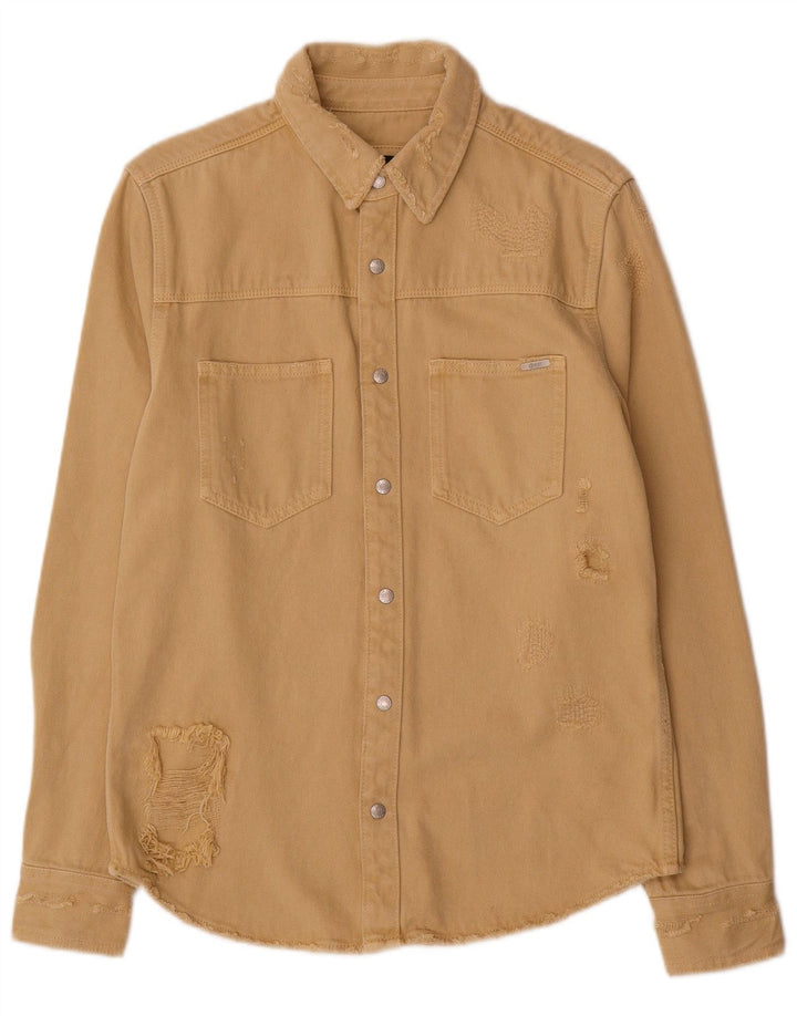 Zara Chemise en jean coupe décontractée en détresse pour homme Petit coton beige