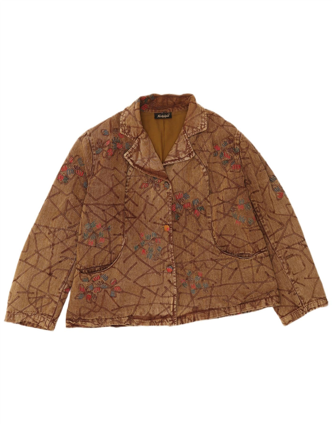 vintage Femme Bomber Jacket UK 16 Grand Coton Floral Brun