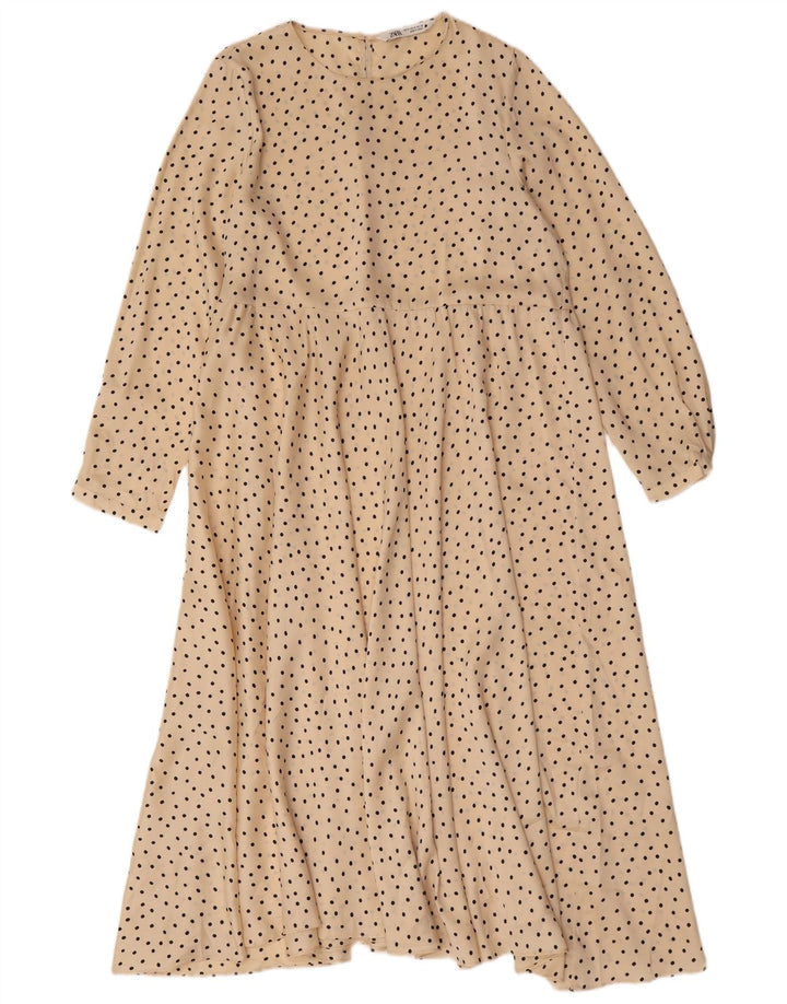 Zara Robe longue à manches longues pour femme UK 44 Polyester beige moyen à pois