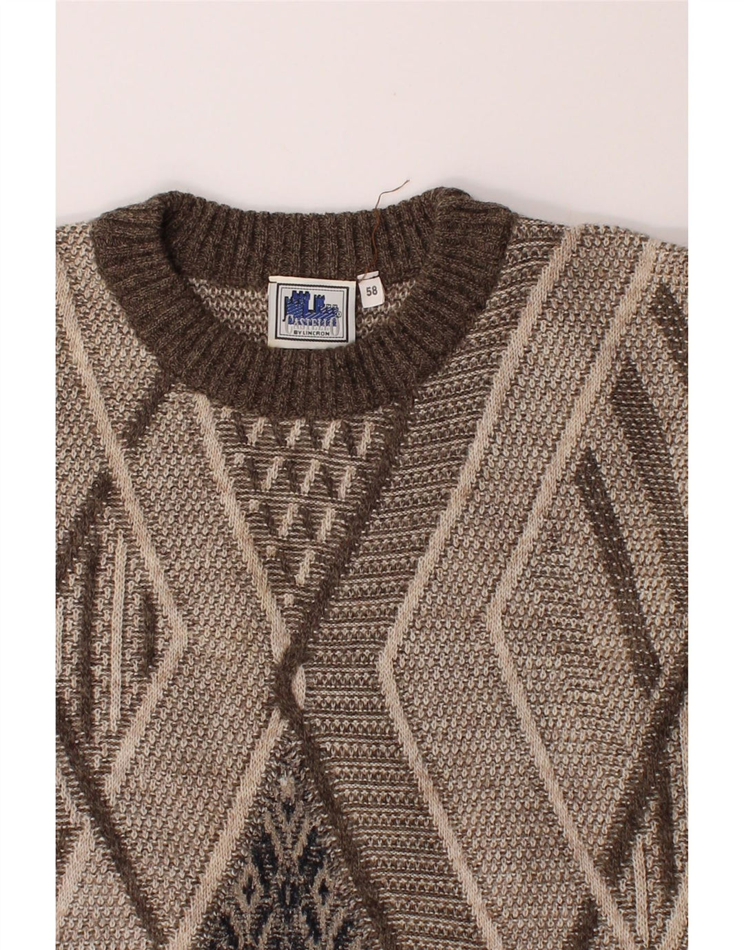 CASTELLO Mens Crew Neck Jumper Sweater IT 58 2XL Grey Argyle/Diamond Wool Vintage Castello and Second-Hand Castello from Messina Hembry 