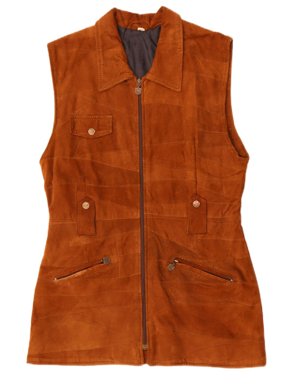 vintage Femme Daim Gilet UK 14 Cuir Marron Moyen