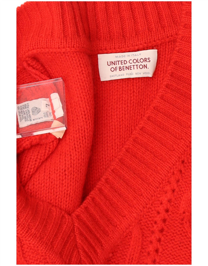 BENETTON Pull col V pour homme en laine vierge rouge Large