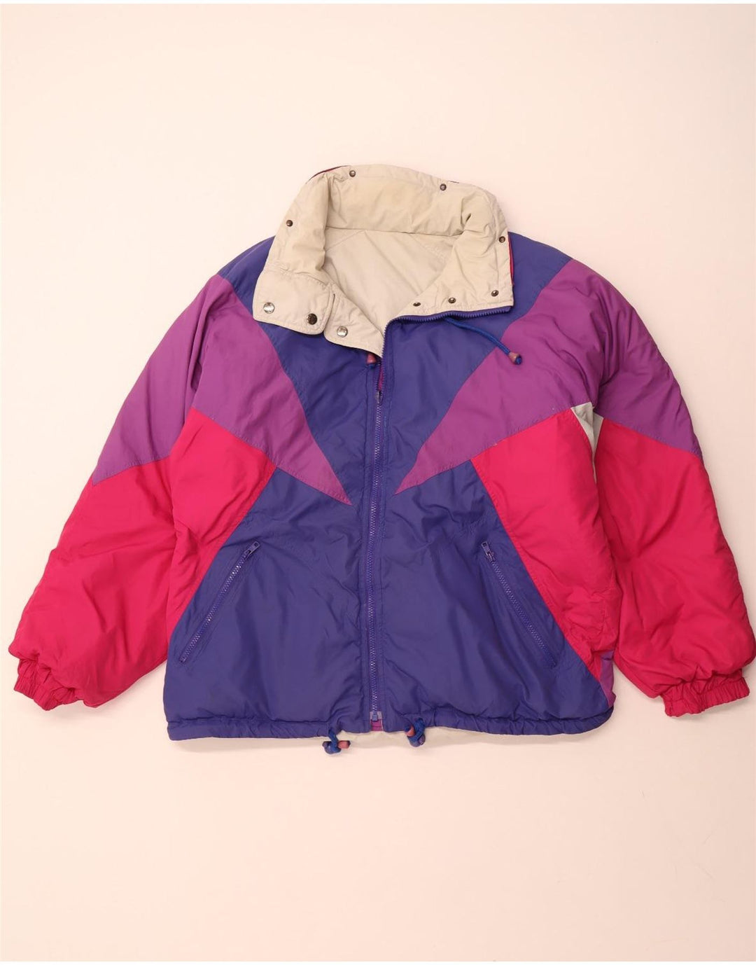 VINTAGE Veste réversible à capuche pour femme Large Beige Colourblock Polyester