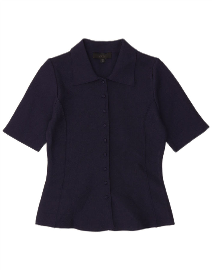Chemisier à manches courtes pour femme ZARA UK 12 bleu marine moyen en polyester