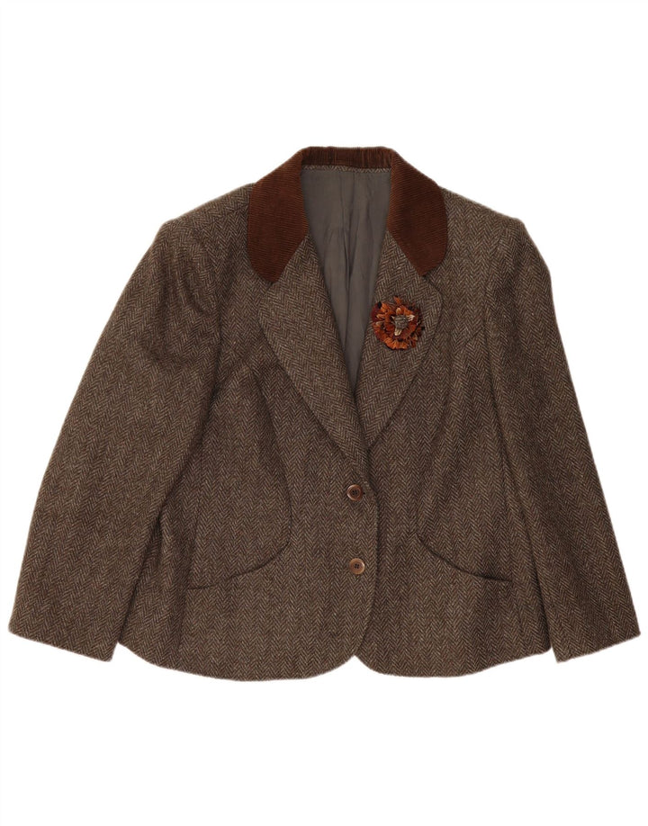 vintage Femmes 2 Bouton Blazer Veste UK 14 Grand Chevron Brun