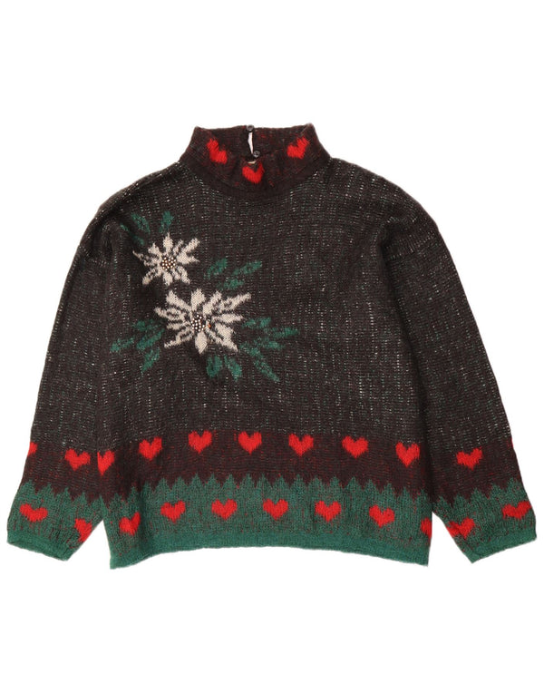 vintage Femmes Graphique Turtle Neck Jumper Pull UK 16 Grand Brun Floral
