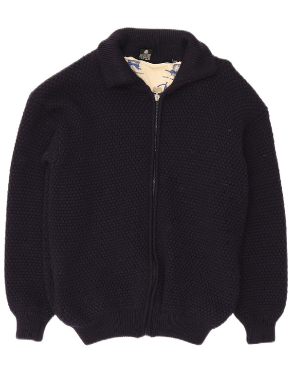 vintage Mens Yachting Cardigan Pull Moyen Marine Bleu Laine Vierge