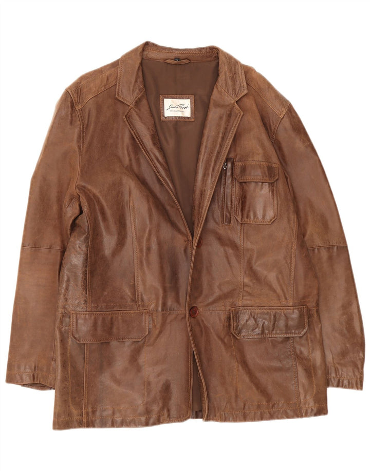 vintage Homme Cuir 2 Bouton Blazer Veste IT 54 2XL Marron
