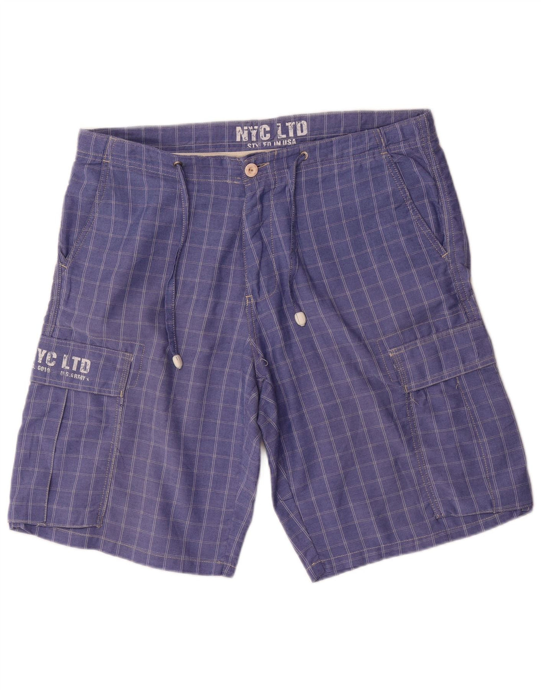 vintage Mens Graphic Cargo Shorts W36 Grand Bleu Check Coton