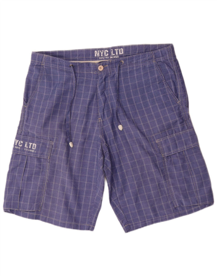 vintage Mens Graphic Cargo Shorts W36 Grand Bleu Check Coton