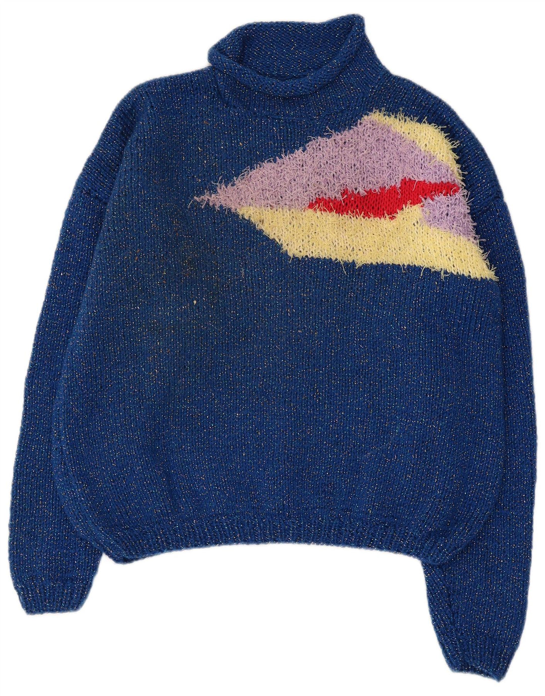 VINTAGE Femme Col Roulé Pull Pull UK 14 Grand Bleu Colorblock