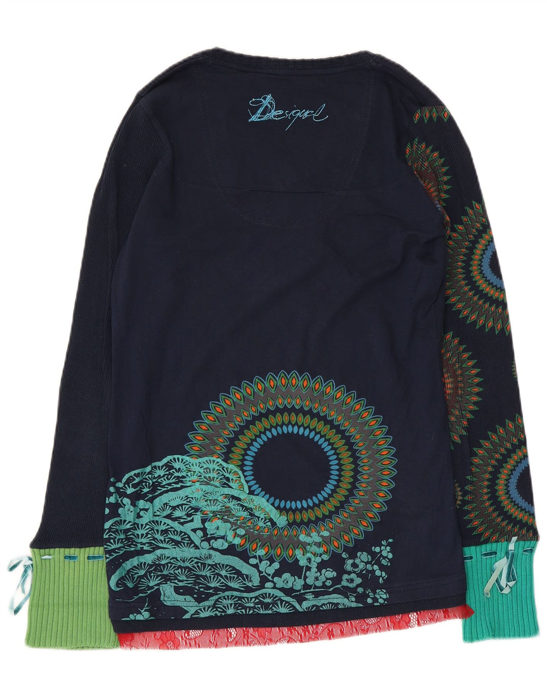 Desigual Femme Graphic Top Manches Longues UK 12 Moyen Bleu Marine Géométrique