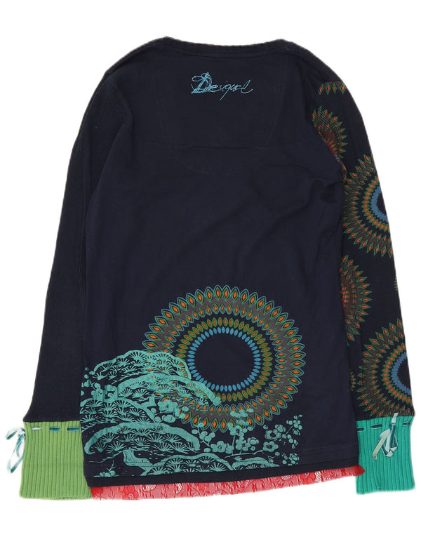 Desigual Femme Graphic Top Manches Longues UK 12 Moyen Bleu Marine Géométrique